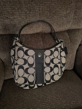Coach Black and Tan Signature Canvas Shoulder Bag